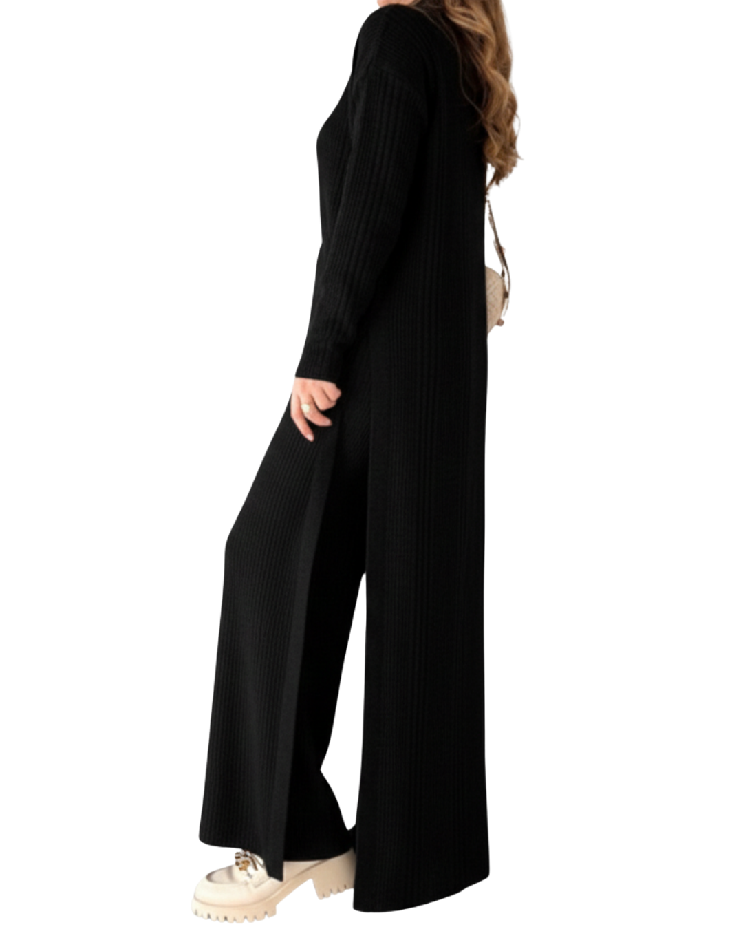 Conjunto de Punto Elegante con Suéter y Pantalón de Pierna Ancha