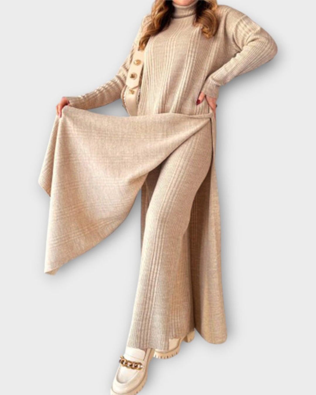 Conjunto de Punto Elegante con Suéter y Pantalón de Pierna Ancha