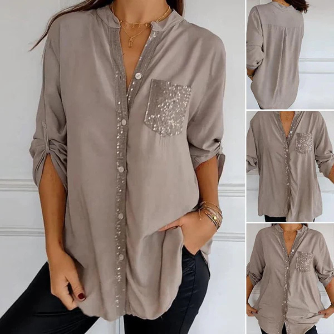 Camisa Casual de Manga Larga para Mujer con Bolsillo y Detalles de Lentejuelas®