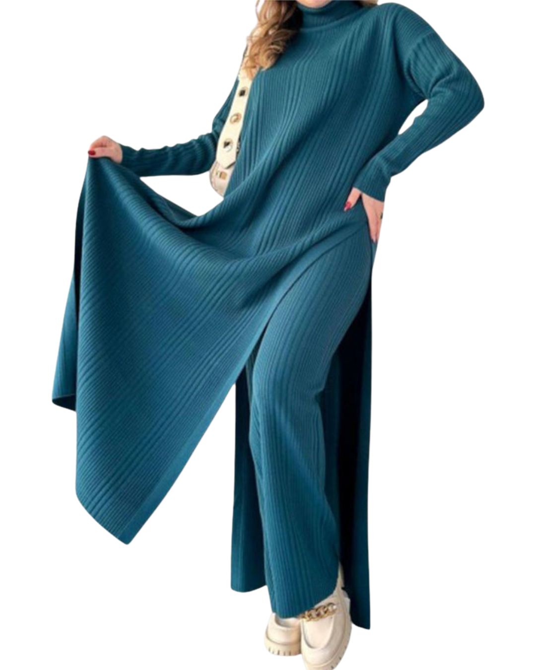 Conjunto de Punto Elegante con Suéter y Pantalón de Pierna Ancha