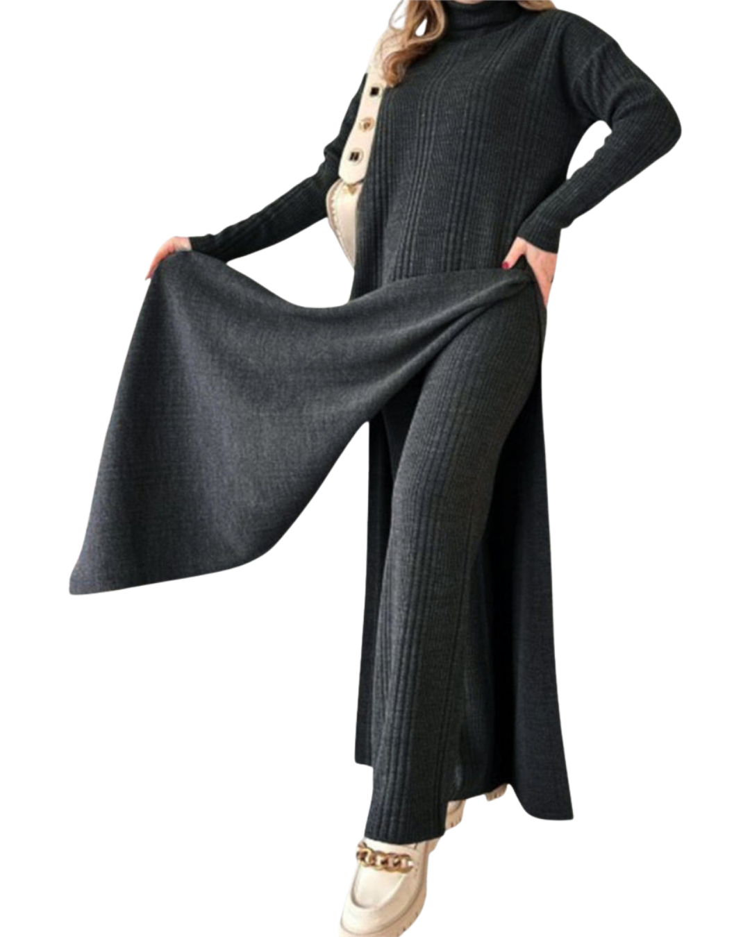 Conjunto de Punto Elegante con Suéter y Pantalón de Pierna Ancha