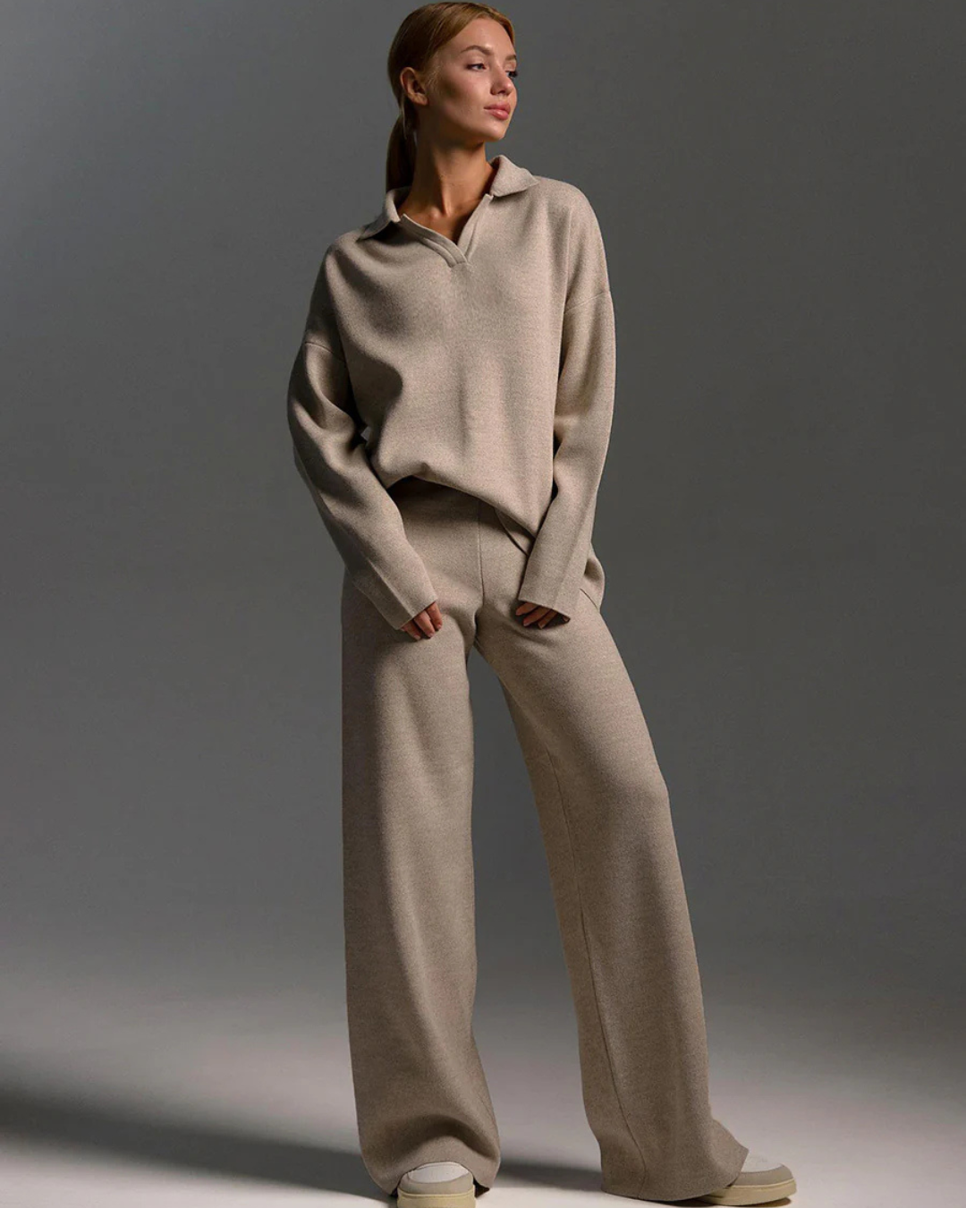 Conjunto de 2 Piezas para Mujer, Sudadera con Cuello de Polo y Pantalón de Pierna Ancha®