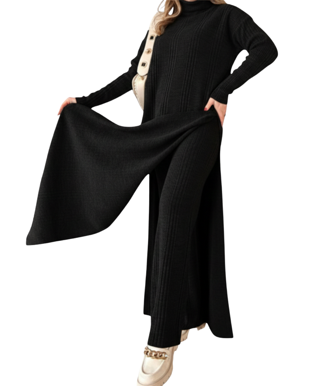 Conjunto de Punto Elegante con Suéter y Pantalón de Pierna Ancha